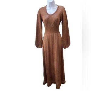 Vintage 70s Metallic Knit Maxi Dress Size 9/10 Brown Scoop Neck Rare  Stretch